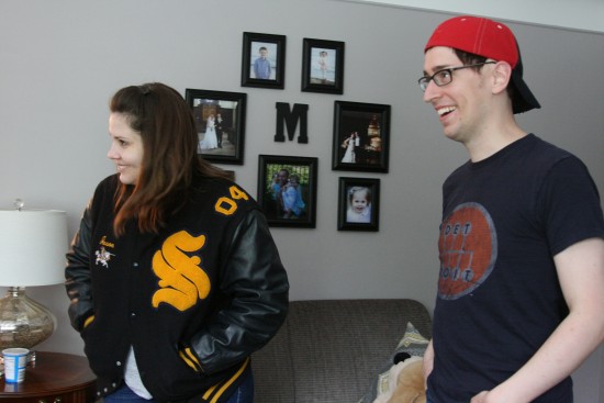 Jen plays the infatuated girlfriend who purposefully underdresses for the weather so that she can borrow her boyfriend's letter jacket...
