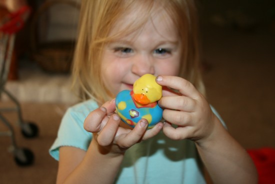 Janie won this duckie at the library today.  I took the kids by myself to turn in their weekly reading logs, and we all survived.